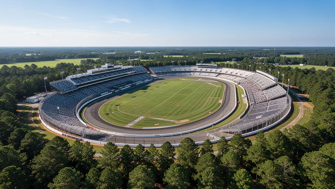 Aerial wide view of Talladega Superspeedway oval track and grandstands amid green infield trees and countryside on clear sunny day, green band with 'Speedway Nearby' headline at top.