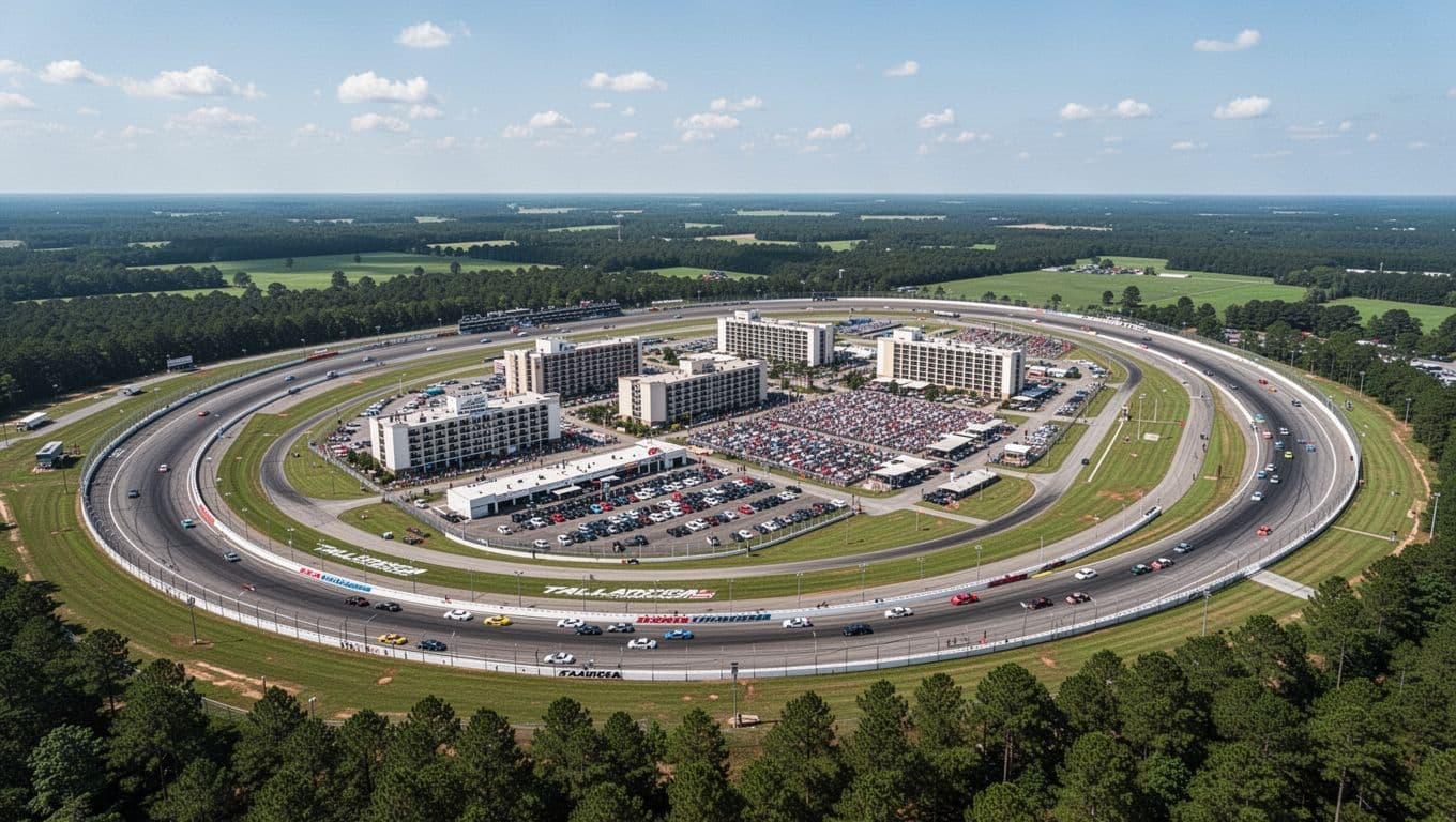 Aerial view shows Talladega Superspeedway oval track and nearby hotel cluster under clear daytime skies, topped by green 'Closest Hotels' headline band.
