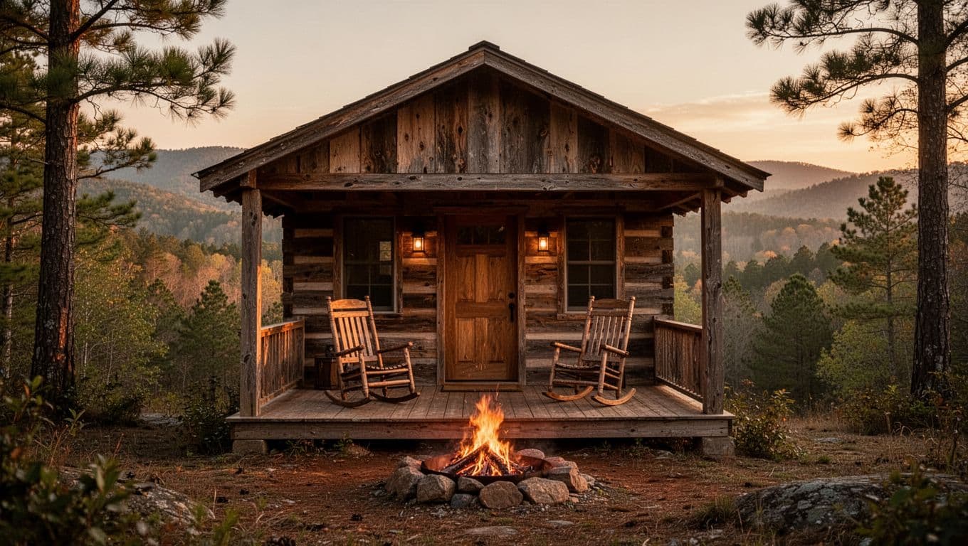 Wooden cabin with porch, rocking chairs, fire pit amid pines and hills at golden hour, 'Valley Cabins' headline on green band.
