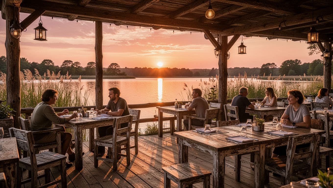 Rustic outdoor patio by calm lake at sunset with seated diners at wooden tables and green 'Tallapoosa County Eats' headline band.