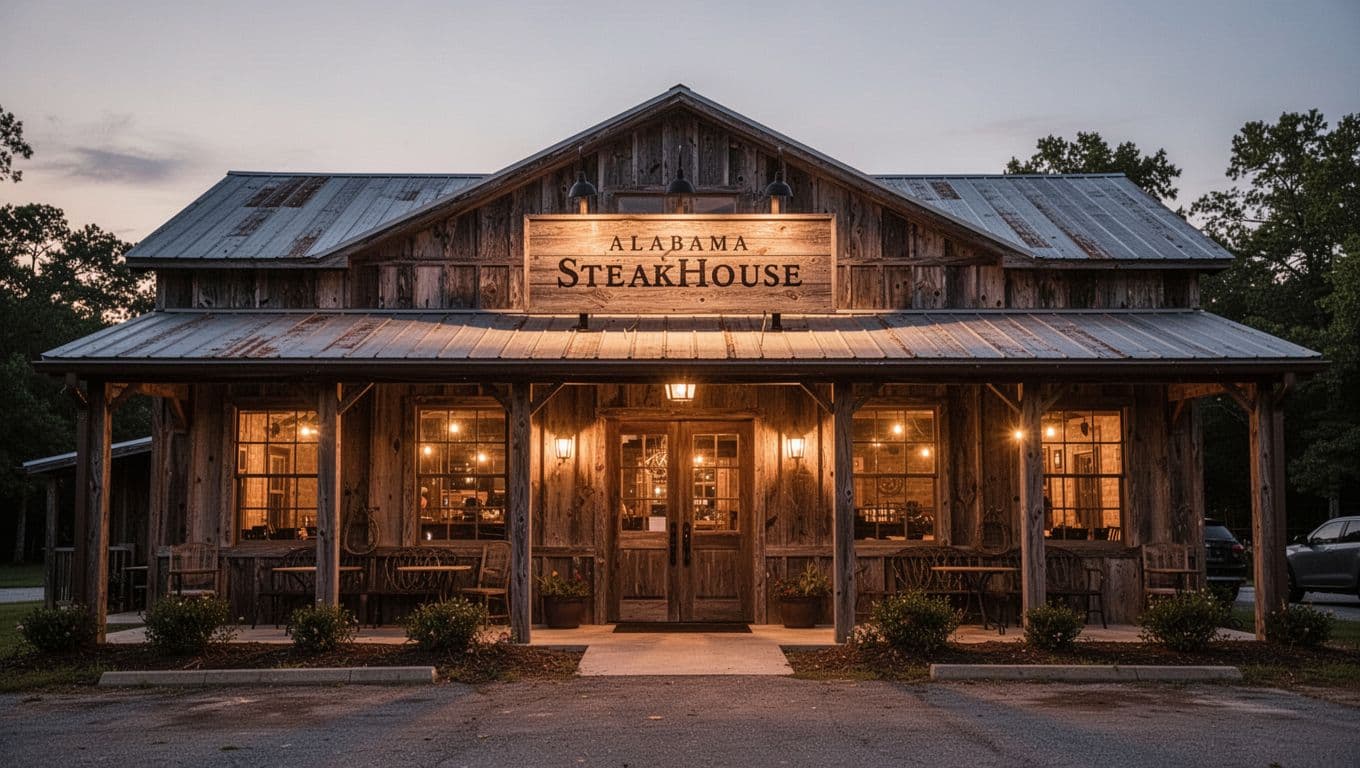 Rustic Alabama steakhouse exterior at dusk with warm window lights and centered wooden signboard.