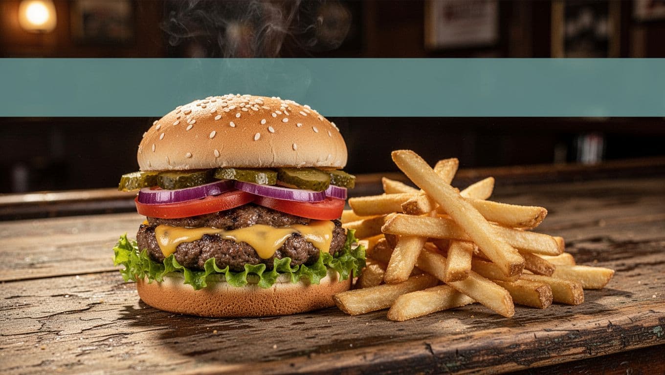 Double cheeseburger with lettuce tomato onion pickle on sesame bun beside french fries on wooden bar counter with green Tavern Burger band at top.