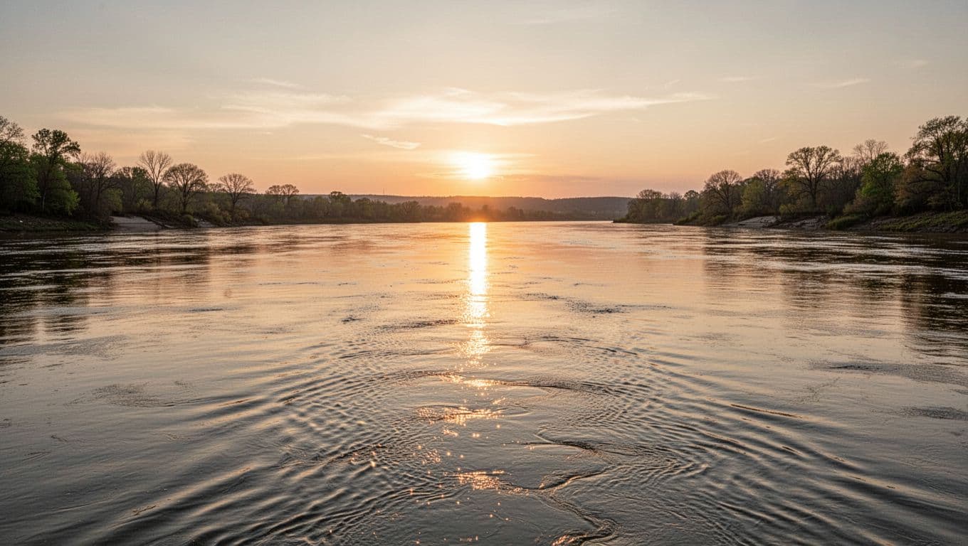 Calm Tennessee River at sunset reflects golden light on ripples, green band at top with 'Riverfront Stays' headline.