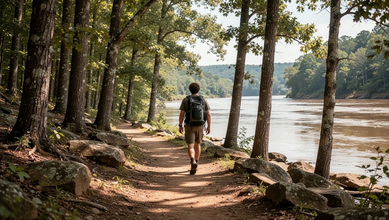 Lone hiker walks wooded trail near Tennessee River glimpse, trees and rocks, green top band with River Trails headline.
