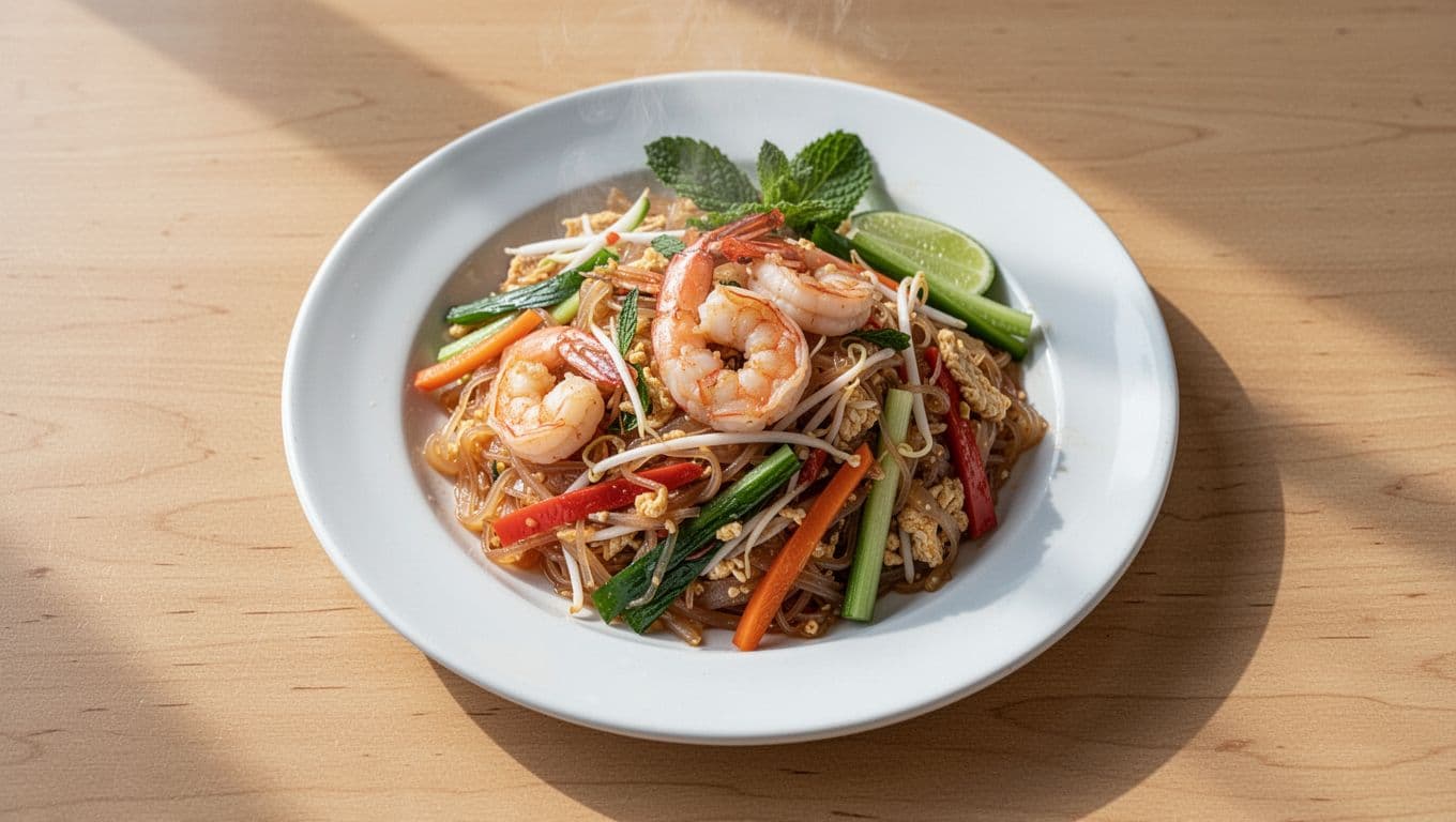 Top-down view of steaming pad Thai with shrimp on white plate on wooden table under green Thai Choice banner.