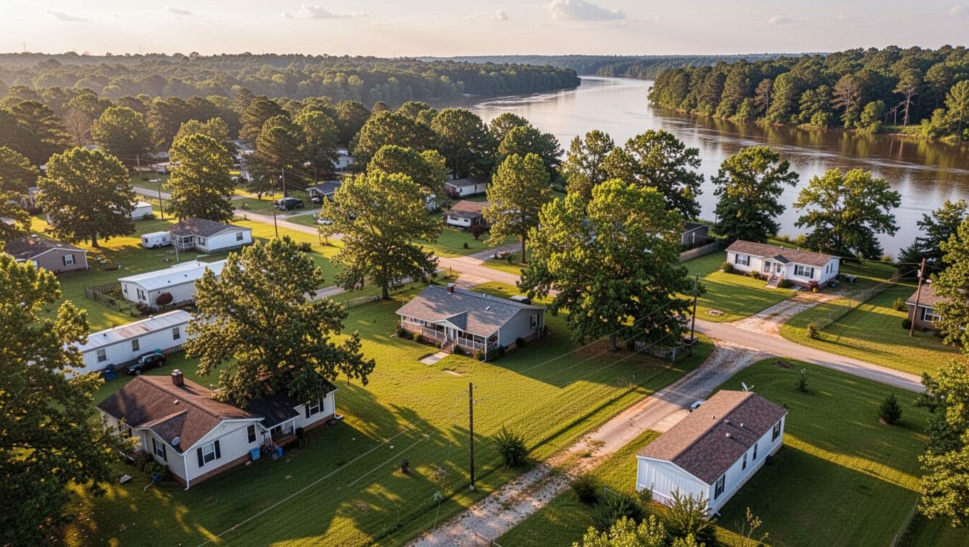 Aerial view of Tidmore Bend neighborhood with single-family homes, mobile homes, green lawns, trees, and Coosa River nearby, green band with 'Tidmore Bend' headline at top.