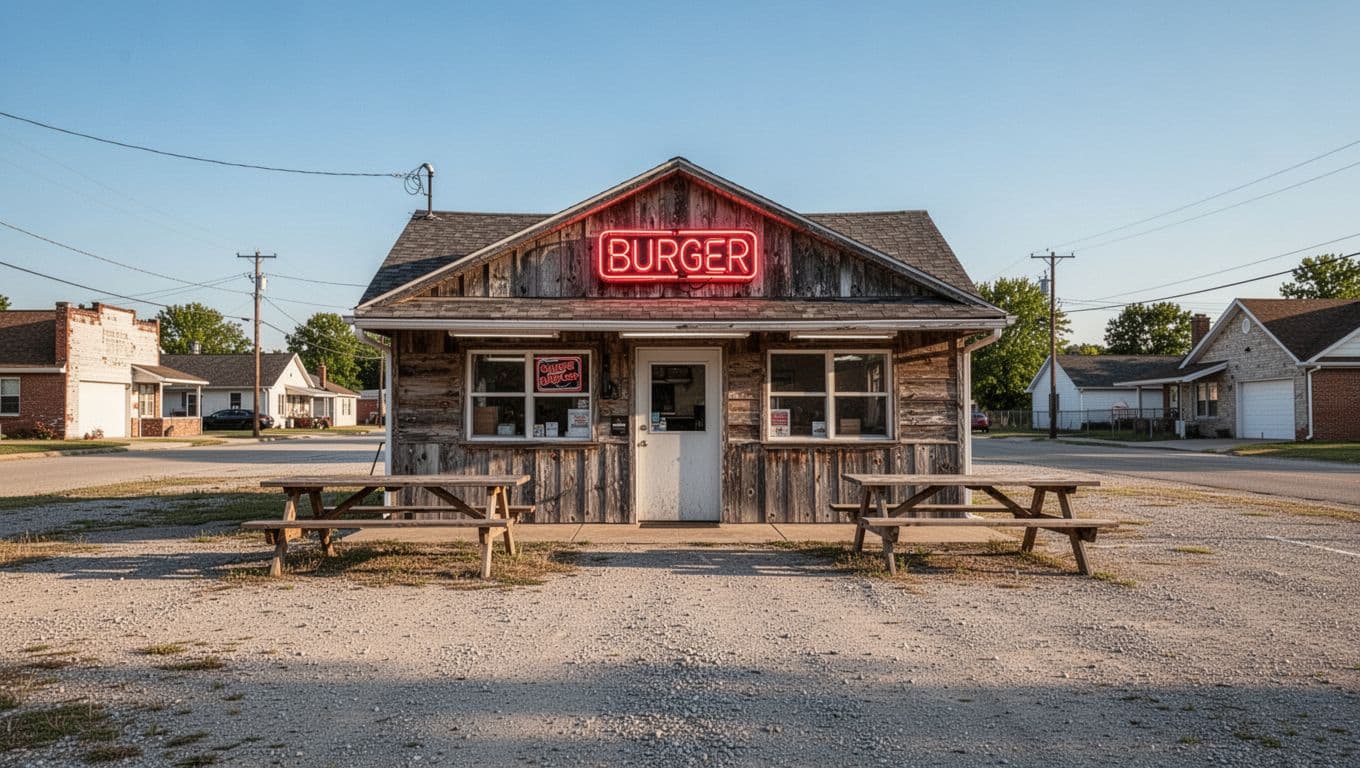Green band with 'Tiger Shack' title above weathered burger shack exterior, neon burger sign, picnic tables, empty gravel lot, blue sky.