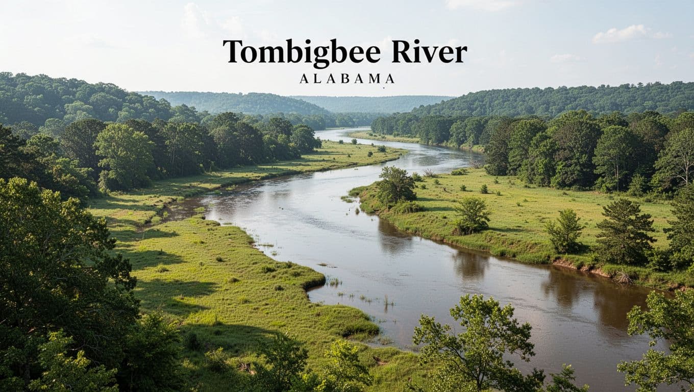 A scenic view of the Tombigbee River surrounded by lush Alabama greenery under a River Country headline.