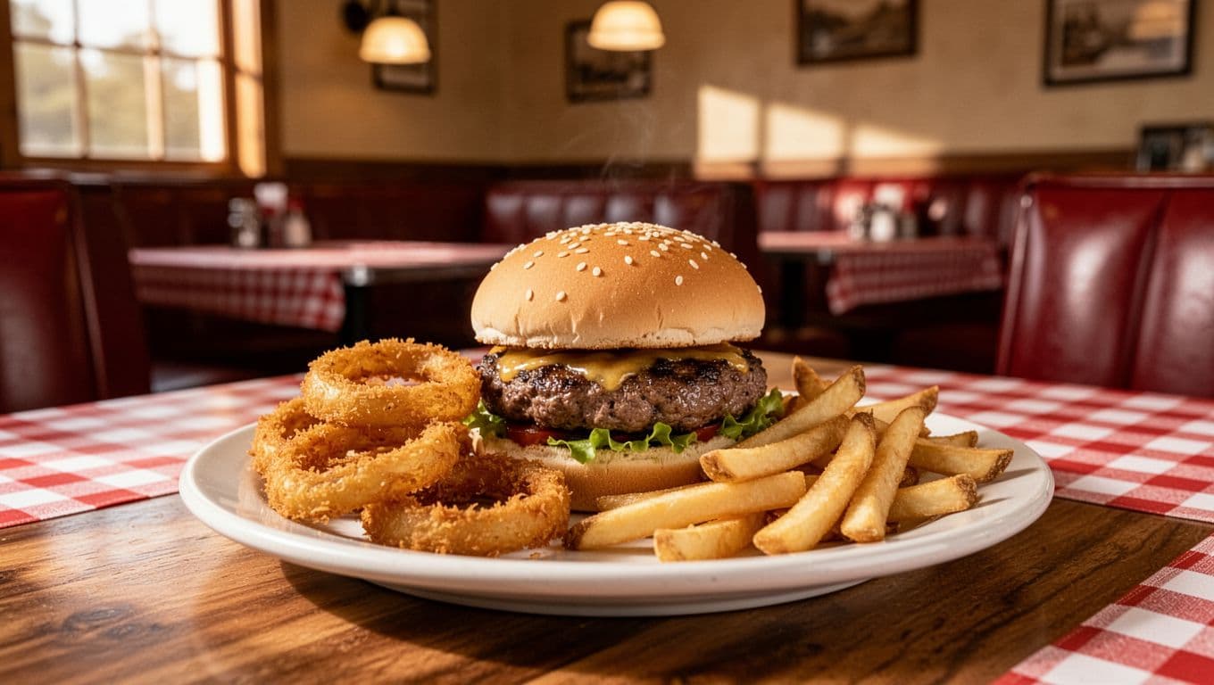Hamburger, onion rings, and fries on white plate at wooden table in cozy diner with checkered cloth and booths behind, green 'TOP DINER PICK' headline band at top.