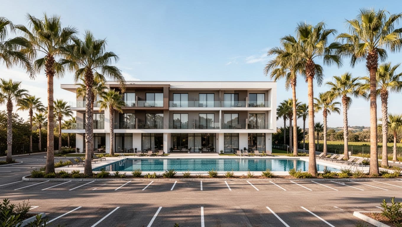 Two-story modern hotel exterior with outdoor pool, palm trees, parking lot, sunny blue sky, Top Hotels green banner at top.