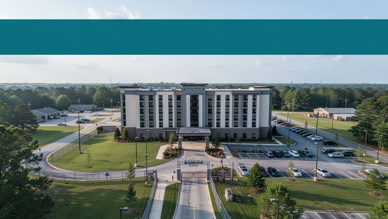 Aerial view of modern hotel near military base gate in Madison Alabama with green lawns parking lot cars and top green Top Hotels banner.