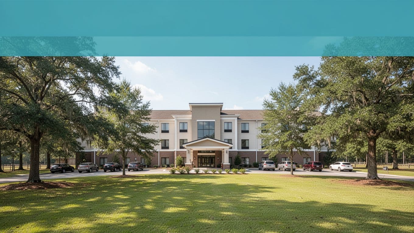 Green 'TOP HOTELS' band tops modern hotel exterior in rural Alabama with lawns, trees, and parked cars.