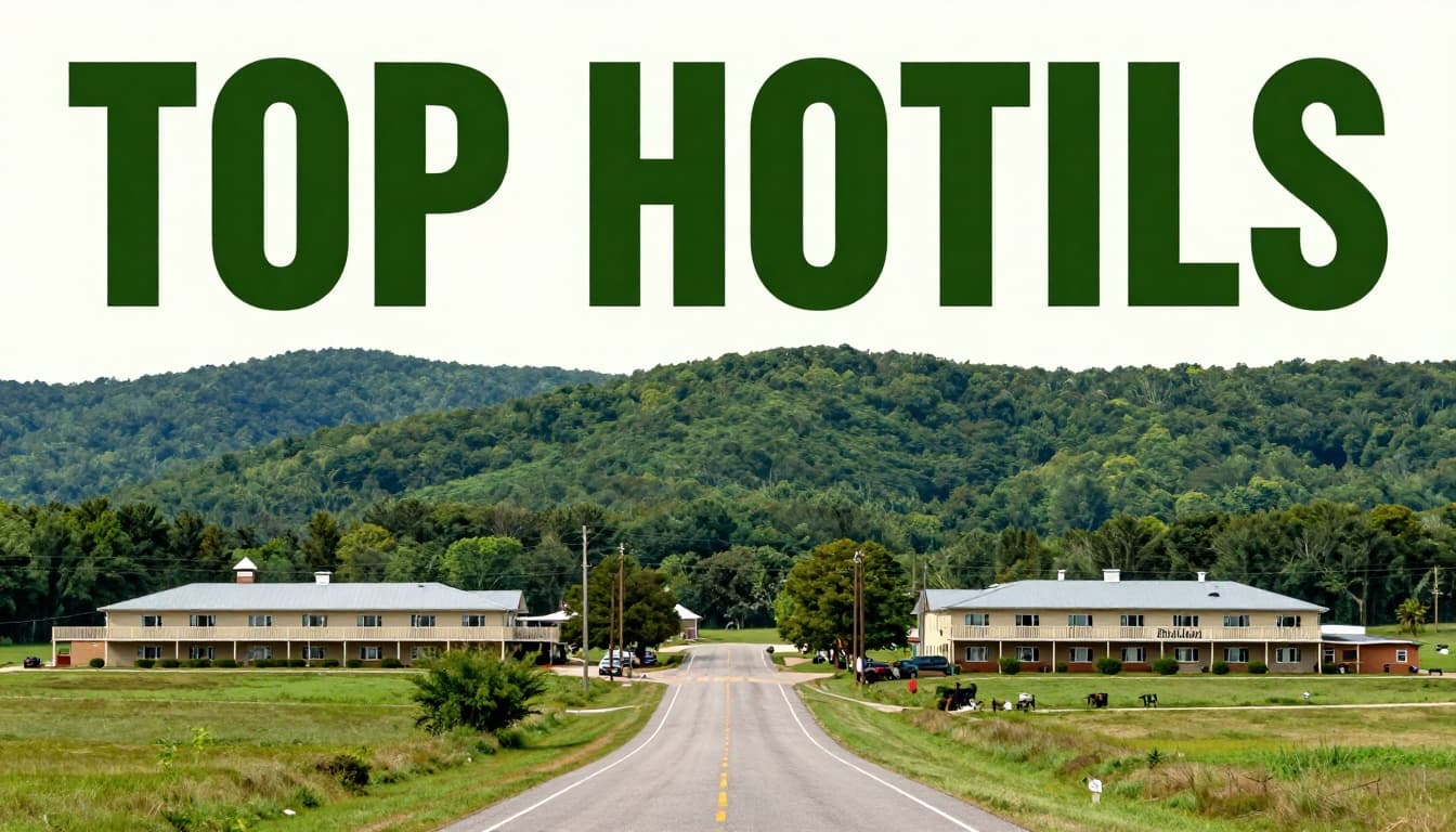 Road leads to two hotels in rural Alabama landscape with green hills under daylight, topped by TOP HOTELS green banner.