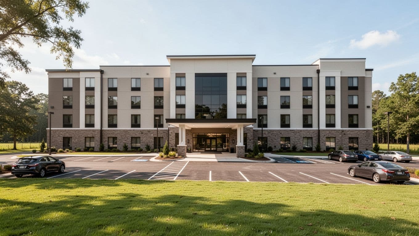 Modern hotel building exterior in rural Alabama with clean facade, parking lot, green lawn, few cars, welcoming entrance, and green 'Top Hotels' headline band at top.