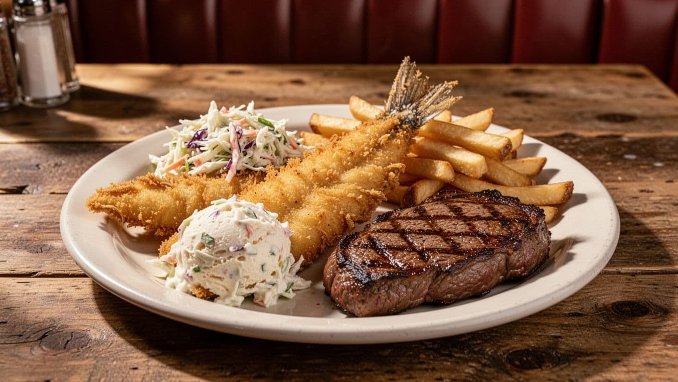 Fried catfish and steak on a diner plate with coleslaw and fries at a cozy Southern table.