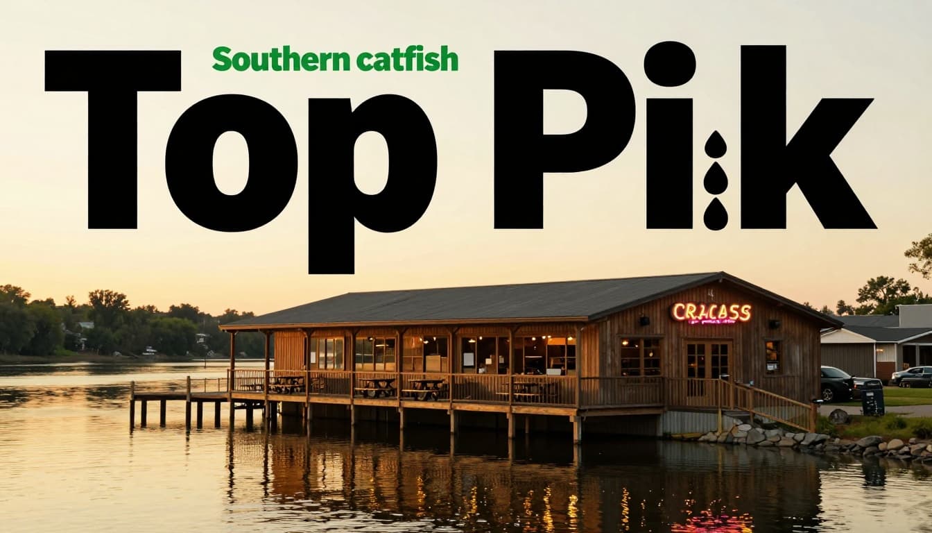 Cozy wooden catfish restaurant at dusk by river with neon sign, picnic tables, water reflection, and Top Pick headline above.