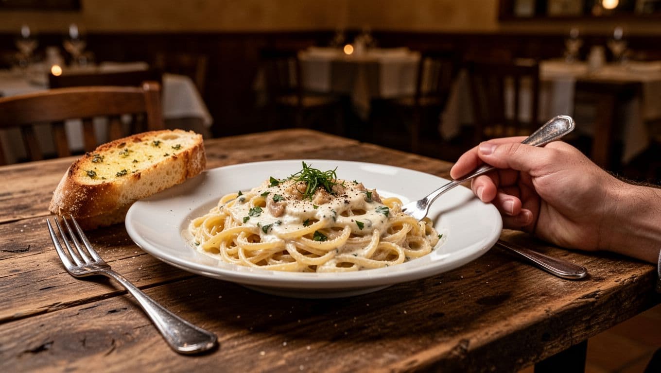 Close-up plate of pasta in creamy sauce with garlic bread on wooden table, fork and hand nearby in cozy restaurant.