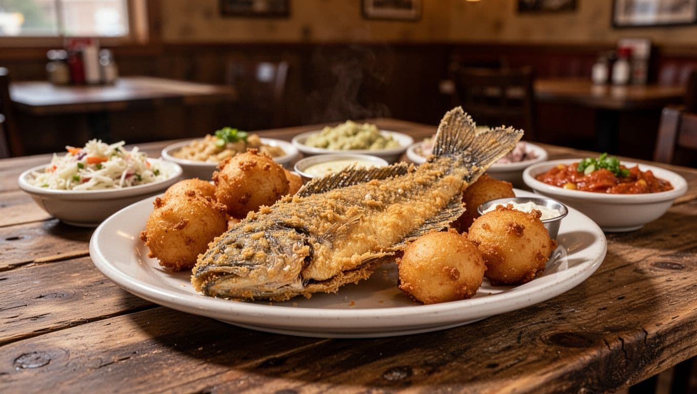 Fried catfish platter with hushpuppies and sides on rustic wooden table under green Top Pick band.