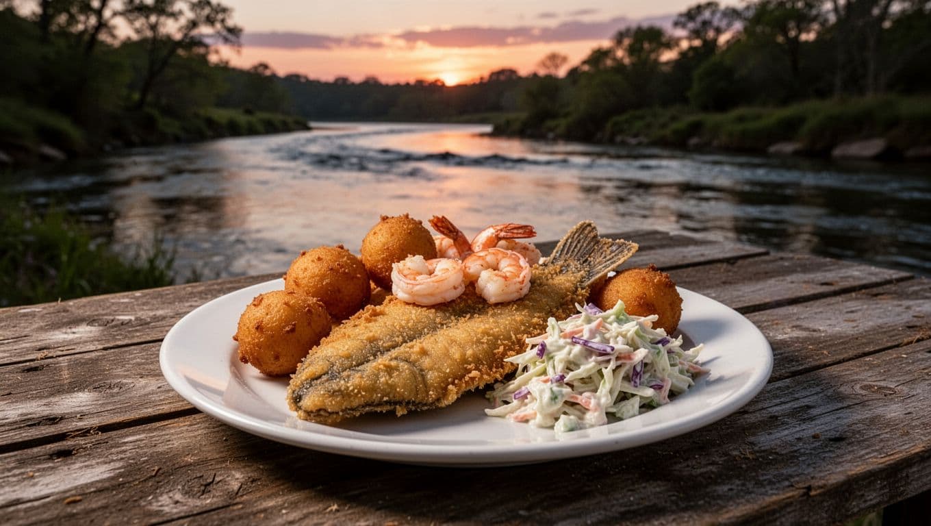 Fried catfish platter with golden hushpuppies, shrimp, coleslaw on wooden table at riverside dusk, green Top Pick banner above.