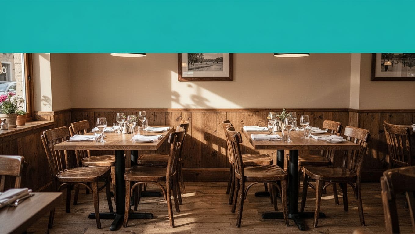 Green top banner with 'TOP PICK' over photorealistic empty family restaurant interior with two tables under warm lighting.