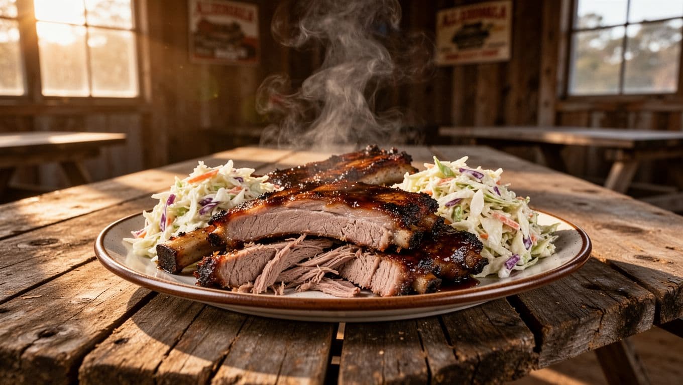 Smoky pulled pork platter with ribs and coleslaw on wooden picnic table in rustic Alabama BBQ shack, green top band with TOP PICK headline, steam rising in golden light.