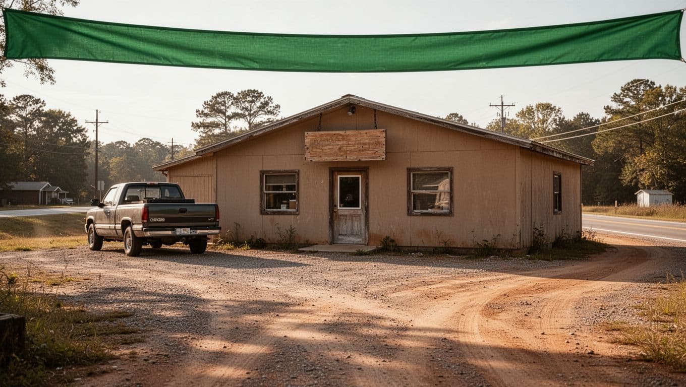 Green 'TOP PICK' banner above exterior of small rural Alabama barbecue cafe with gravel lot and parked pickup truck.