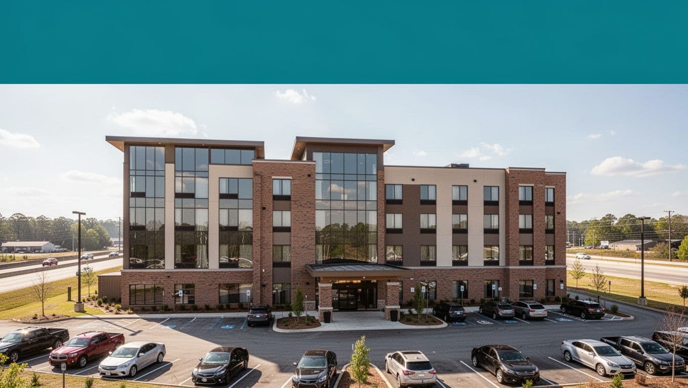 Modern hotel facade with entrance and parking lot along highway on sunny day, green TOP PICKS band at top.