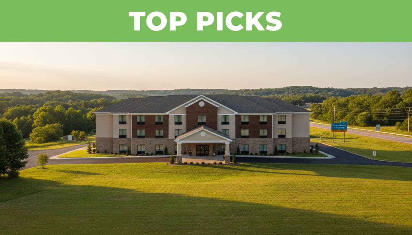 Cozy midscale hotel centered with green lawns, rolling hills, highway sign, under bold TOP PICKS green banner in warm sunlight.