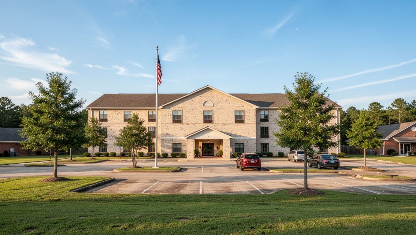 Green 'TOP PICKS' banner above beige brick two-story hotel with parking lot, cars, flagpole, trees on sunny day.