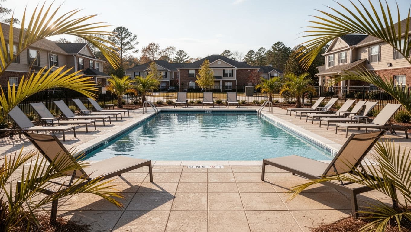 Empty pool with lounge chairs and palm accents in sunny afternoon light at suburban hotel, green 'Top Rated' band at top.