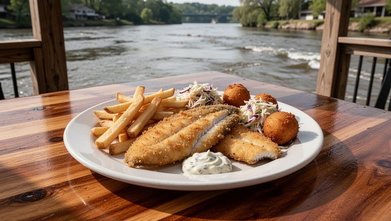 Golden fried catfish fillets with fries, hushpuppies, coleslaw, tartar sauce on white plate at riverside wooden table, green 'Catfish Special' banner above.
