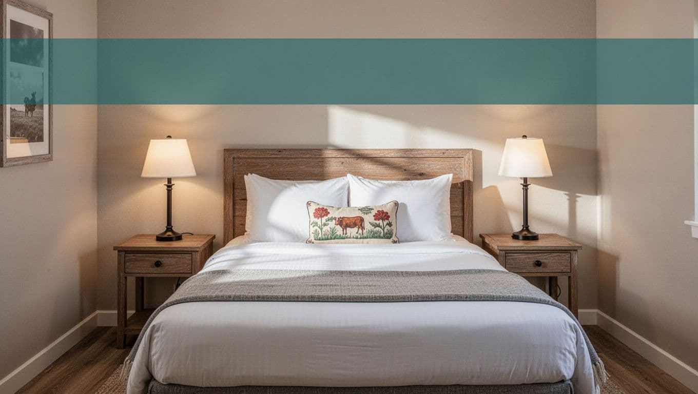 Hotel room with centered bed, simple decor, soft lighting, and green top band with 'Top Stays' headline.