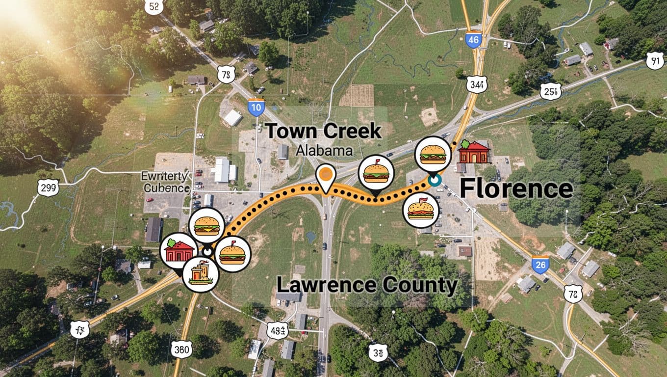 Overhead road map shows Town Creek and Florence Alabama with dotted routes to restaurant icons under green Nearby Eats headline.