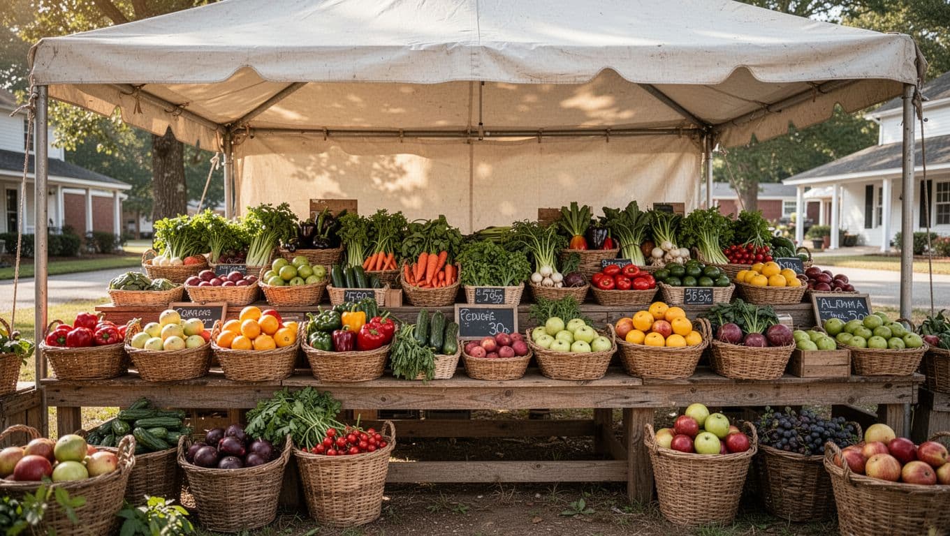 Produce stall under tent displays fresh vegetables and fruits in baskets on tables, 'Town Events' headline at top.