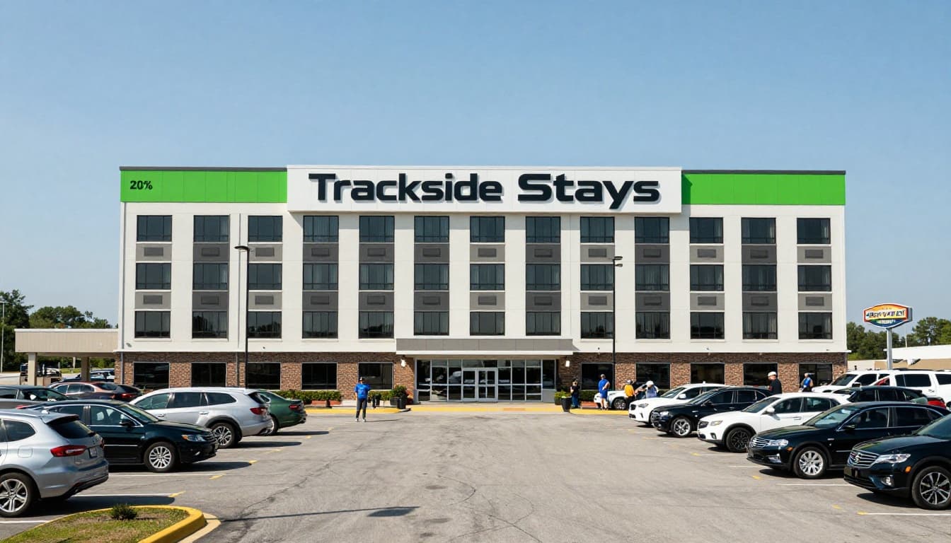 Modern hotel exterior with parking lot, distant speedway sign, one relaxed race fan, sunny day, green top band with Trackside Stays headline.