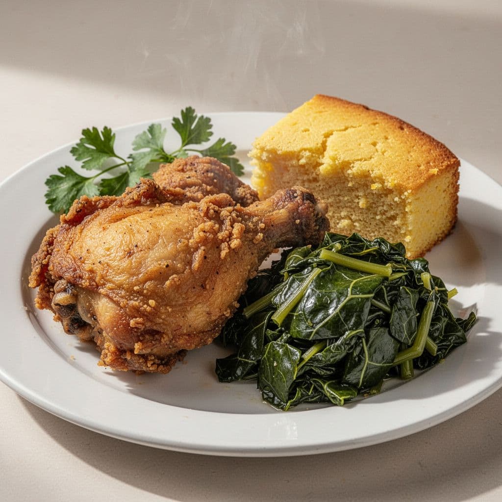 A close-up of crispy fried chicken, collard greens, and cornbread served on a clean plate.