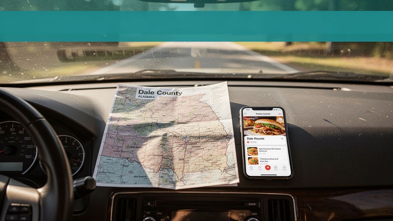 Green band with 'Travel Tips' above car dashboard showing Dale County Alabama road map and phone restaurant app in sunny rural landscape.