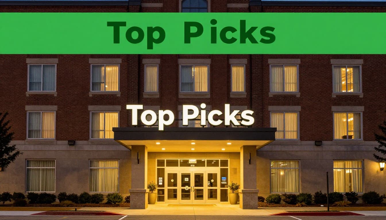 Modern hotel facade in downtown Tuscaloosa at dusk with glowing windows, lit entrance sign, and 'Top Picks' green headline band at top.