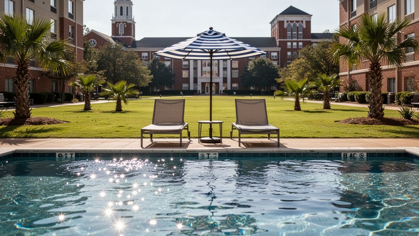 Sparkling blue hotel pool with two lounge chairs, umbrella, palms, green lawn, distant campus buildings, and top Family Picks banner.