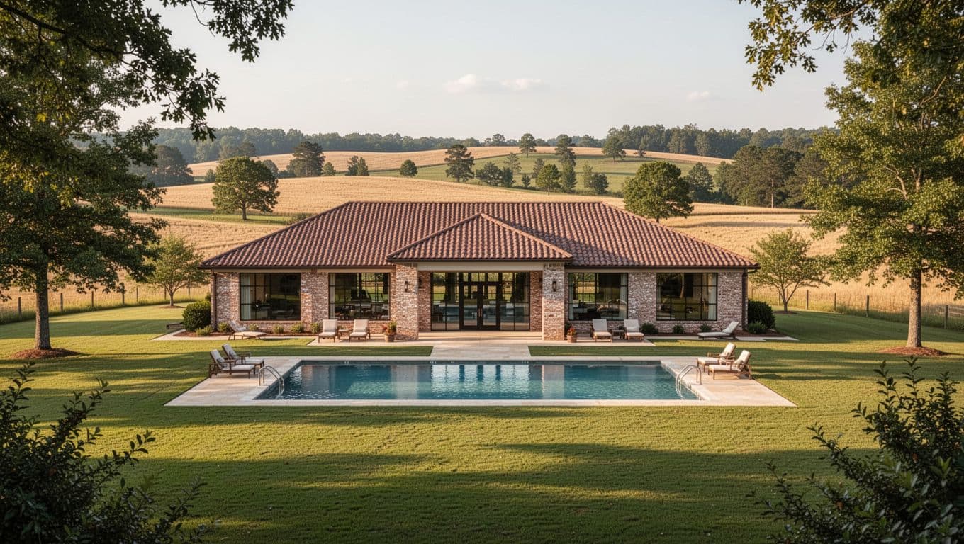 Twin Pines Resort exterior shows centered hotel building, green lawns, and pool in rural setting with Vincent Hotels green headline at top.