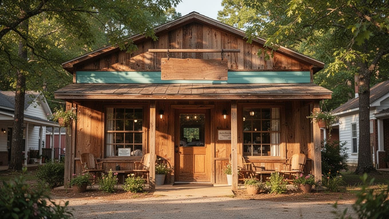 Homestyle cafe facade and entrance with wooden sign and green trees on sunny day.