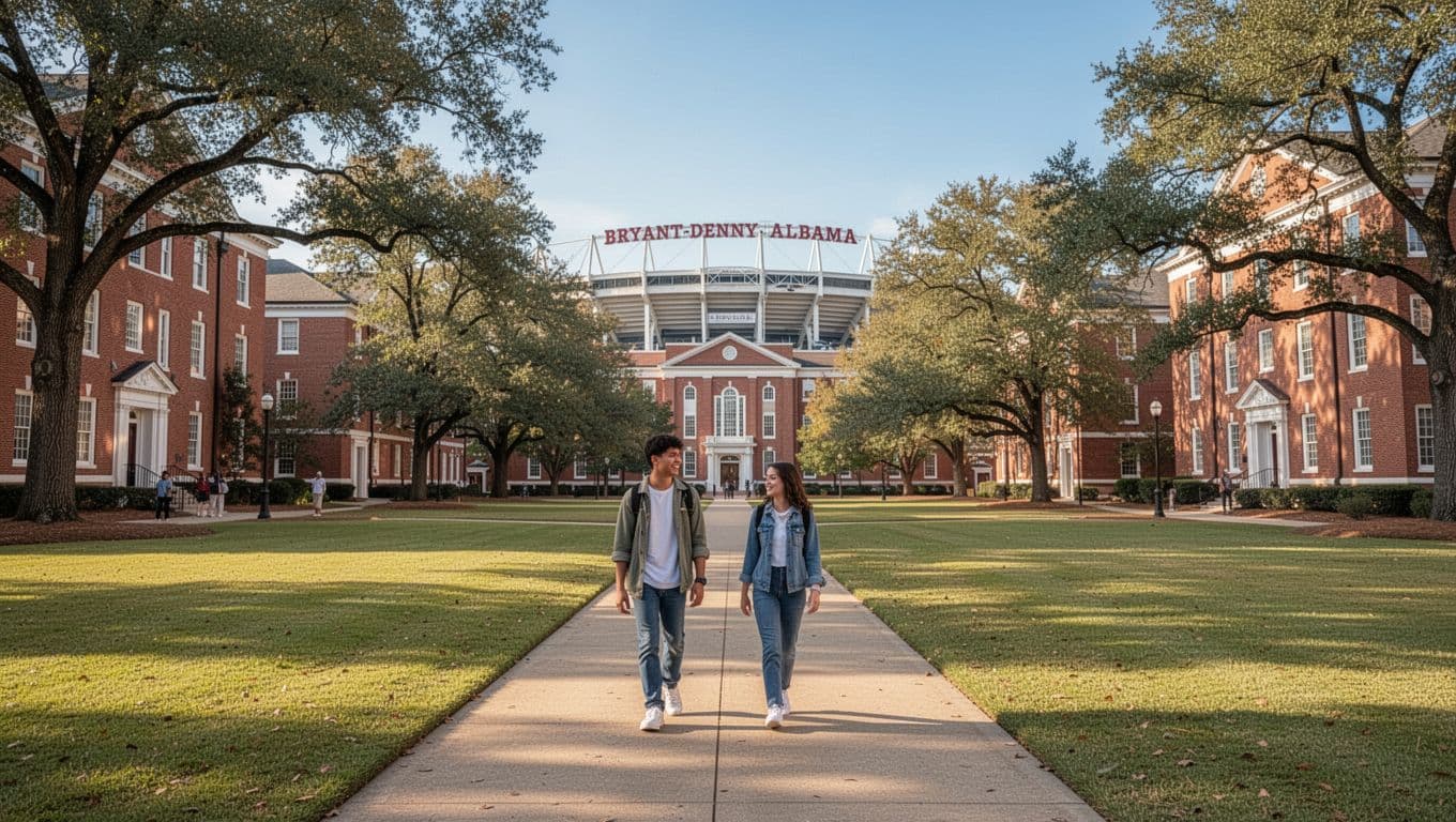 UA campus quad with historic brick buildings, trees, manicured lawn to distant Bryant-Denny Stadium, two people walking path, sunny sky, 'Campus Hotels' green top banner.