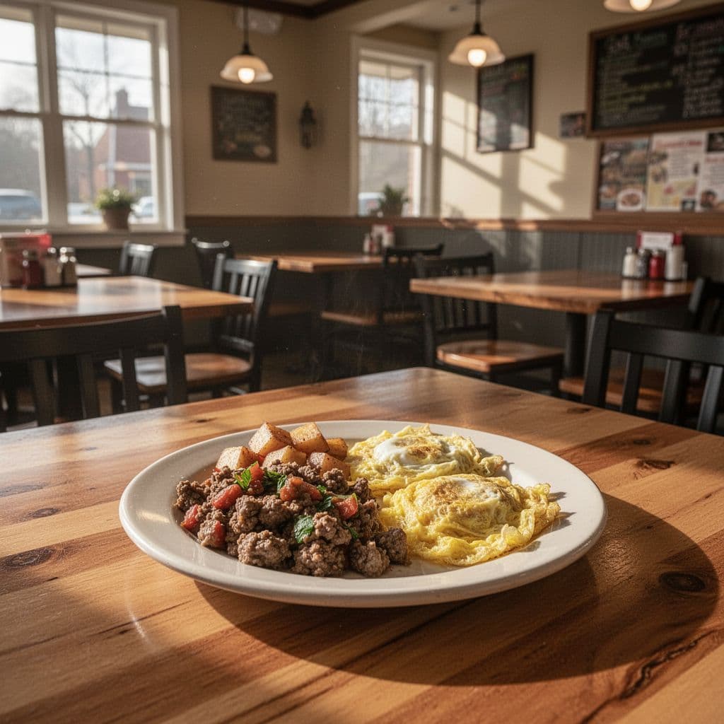 Clean restaurant interior with wooden tables, hearty breakfast plate, morning sunlight, and green top band reading 'Home Style Dining'.
