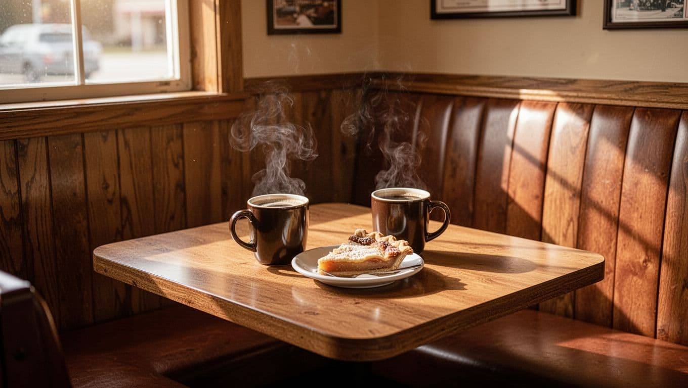 Empty wooden booth with coffee mugs and pie slice in Vance Alabama diner, soft morning light through window, green Diner Classic headline band at top.