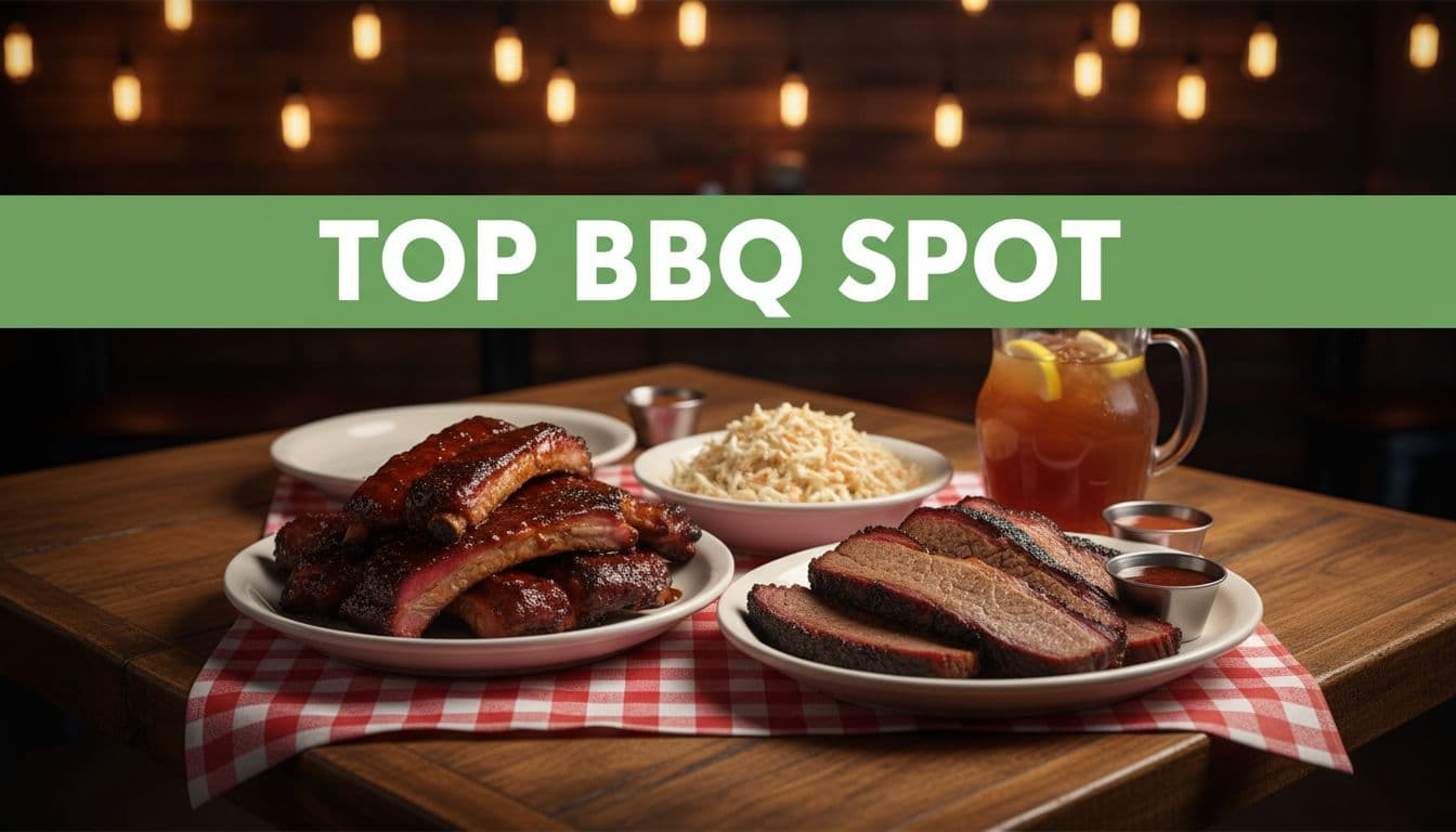Rustic interior shows wooden table with checkered cloth holding plates of smoked ribs, brisket, and coleslaw under warm lighting, green 'Top BBQ Spot' band at top.