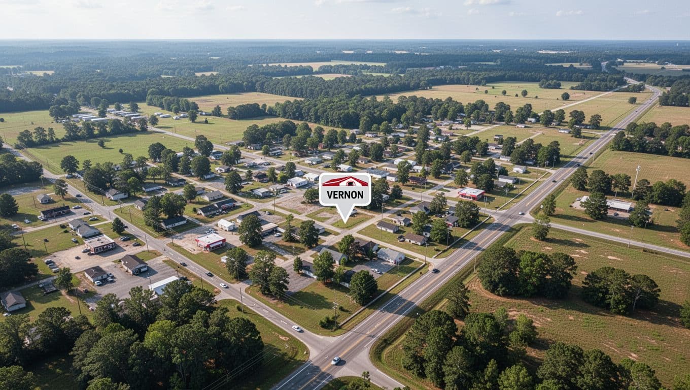 Overhead map view of Vernon Alabama streets and highways with subtle diner marker amid rural trees and fields.