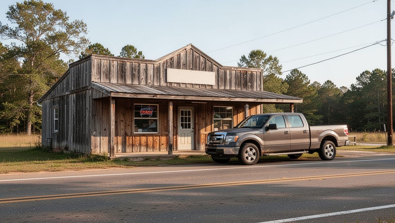 Weathered facade of small rural Alabama BBQ restaurant with green-banded Vernon Eats sign and parked pickup truck under clear daytime sky.