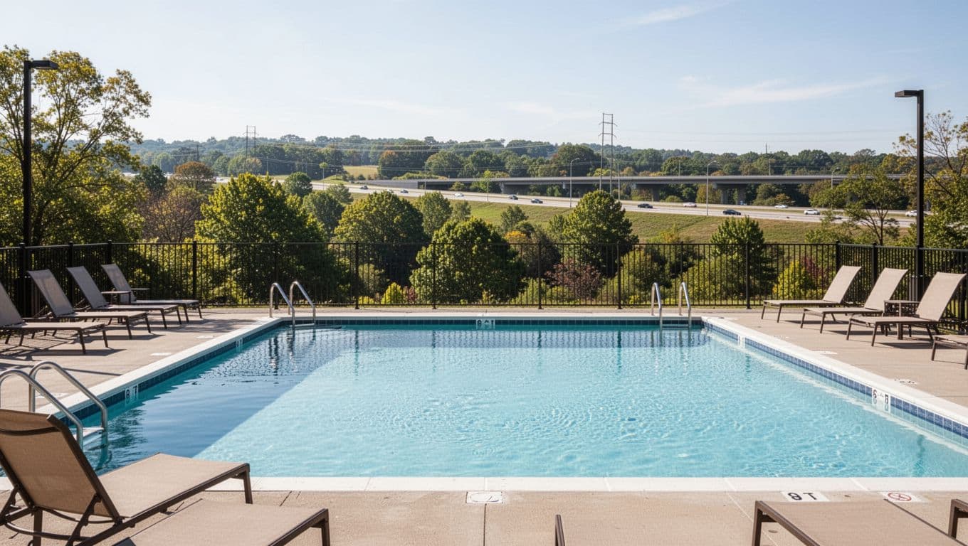 Centered outdoor pool with lounge chairs, Shelby County landscape background, green 'Pool Access' headline band at top.