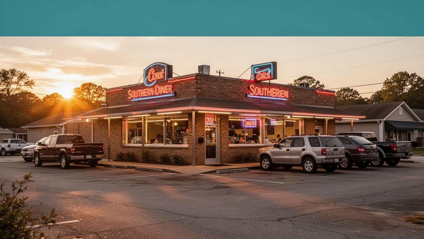 Cozy Southern diner exterior at golden hour sunset with green 'Vincent Eats' title band above, neon sign, parked pickup trucks, warm window lights.