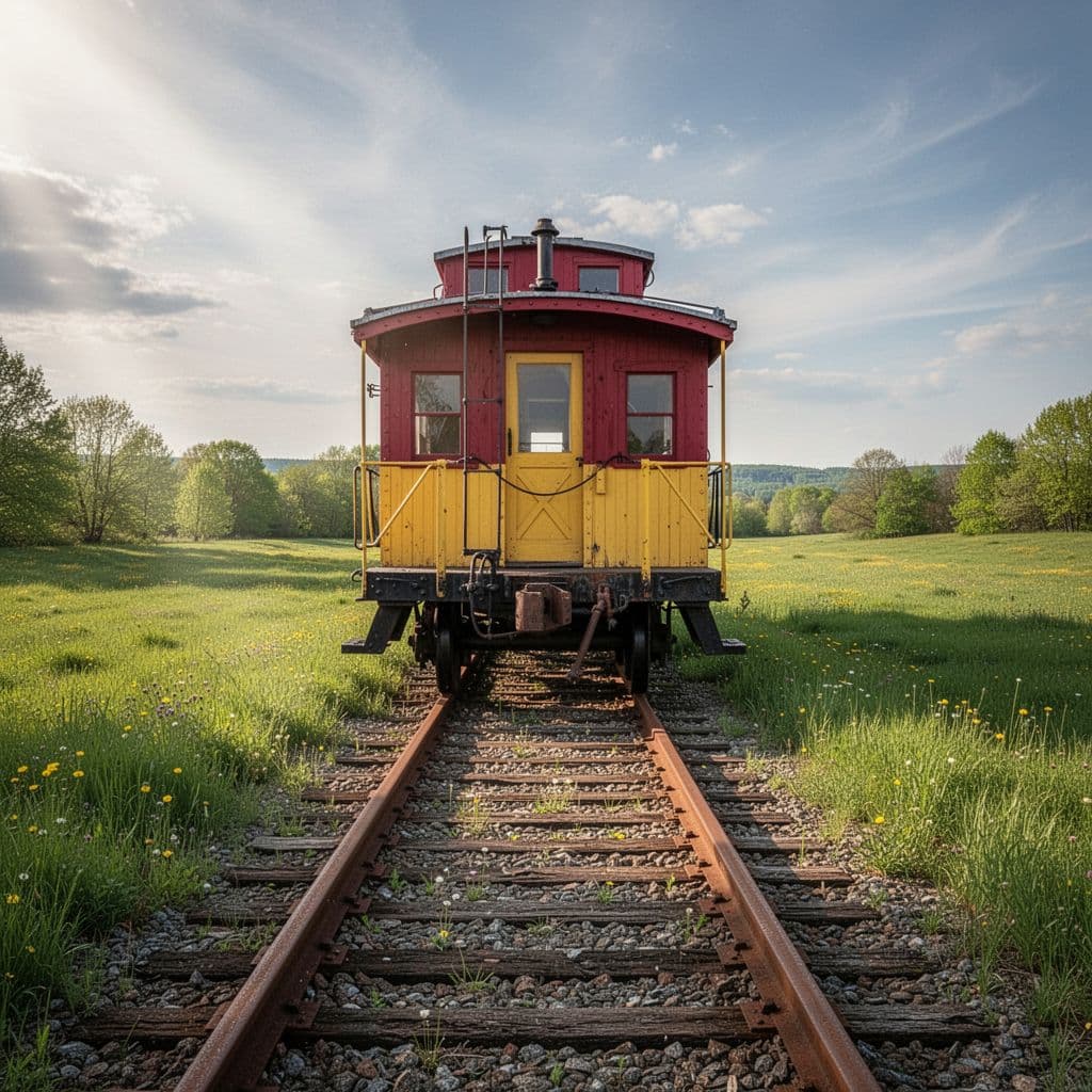 A restored red and yellow train caboose sits on railroad tracks surrounded by a grassy meadow.